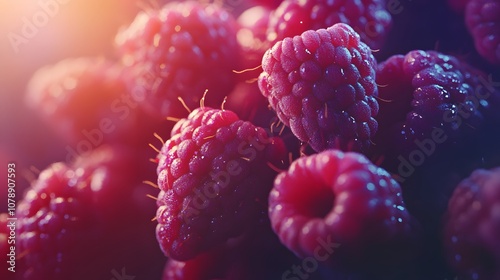 A highly detailed photo of a cluster of raspberries, showing each drupelet and a velvety sheen, highlighting the fresh, juicy texture. Cinematic Scene, 4k resolution, cinematic scene photo