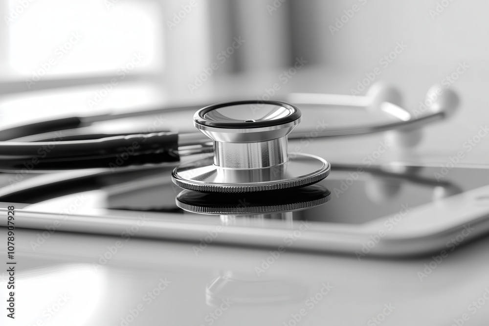 A stethoscope is placed on a tablet. The stethoscope is silver and black. The tablet is white