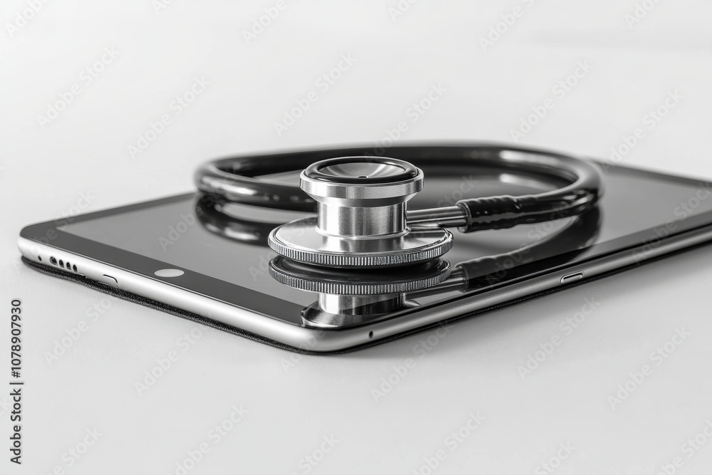 A silver stethoscope is on top of a tablet. The stethoscope is a medical instrument used to listen to the sounds of the heart, lungs, and other internal organs A silver stethoscope is on top of a tablet. The stethoscope is a medical instrument used to listen to the sounds of the heart, lungs, and other internal organs