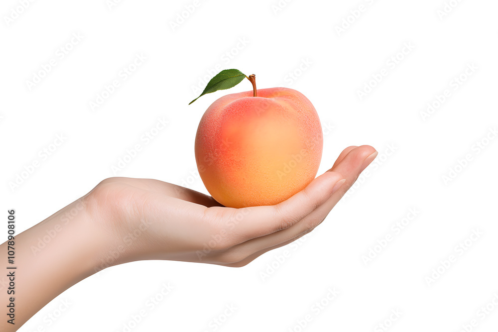 Closeup fresh peach in a human hand isolated on white background Closeup fresh peach in a human hand isolated on white background