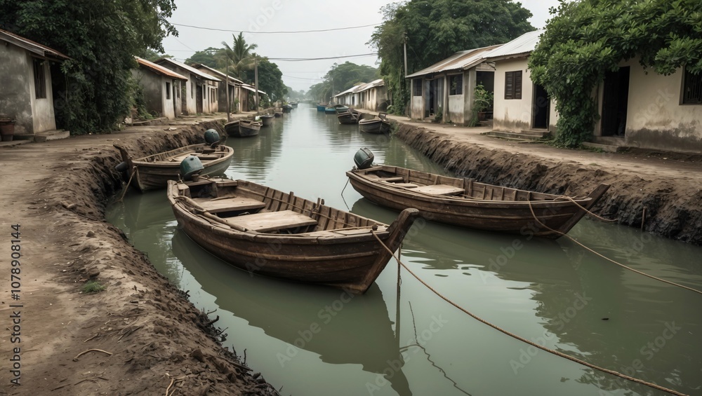 Fototapeta premium Rustic Fishing Boats Moored in a Murky Canal Surrounded by Simple Houses, Capturing the Charm and Tranquility of Waterway Living
