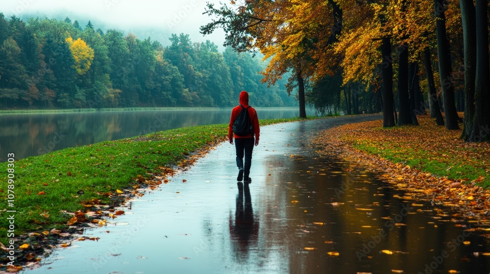 Obraz premium A serene autumn scene features a person in a red hoodie walking along a reflective pathway beside a river, surrounded by colorful trees and fallen leaves, Ideal for themes of solitude and nature,