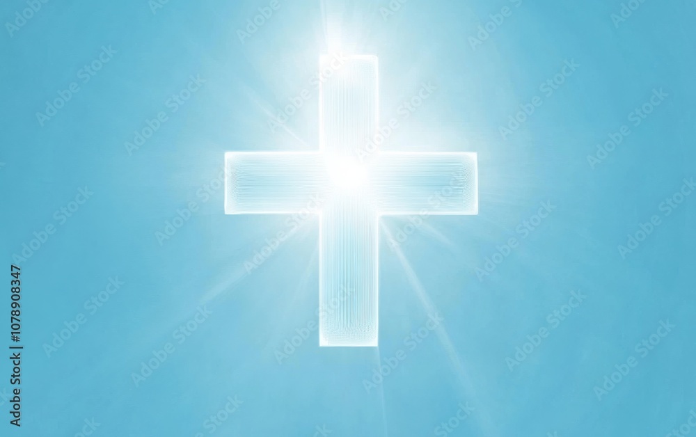 A blue sky with a white cross in the middle. The cross is lit up by the sun A blue sky with a white cross in the middle. The cross is lit up by the sun