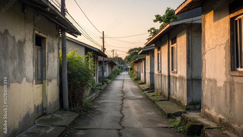Serene Narrow Alleyway Between Weathered Concrete Homes at Sunset Highlighting Urban Transition and Natural Growth in an Abandoned Neighborhood