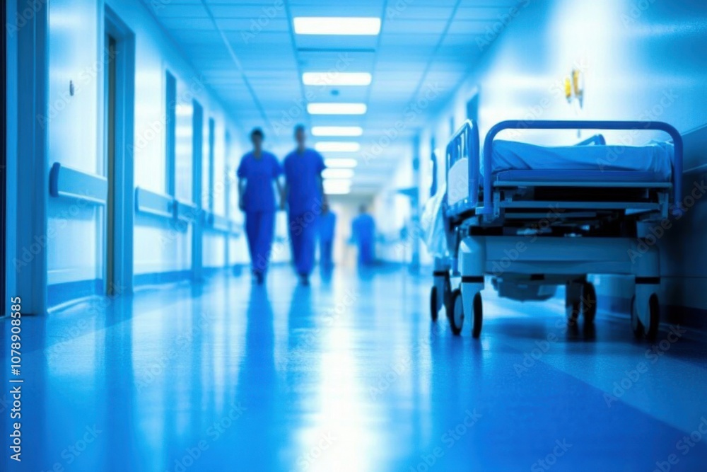 A hospital hallway with a blue bed cart in the foreground. Two nurses are walking down the hallway A hospital hallway with a blue bed cart in the foreground. Two nurses are walking down the hallway