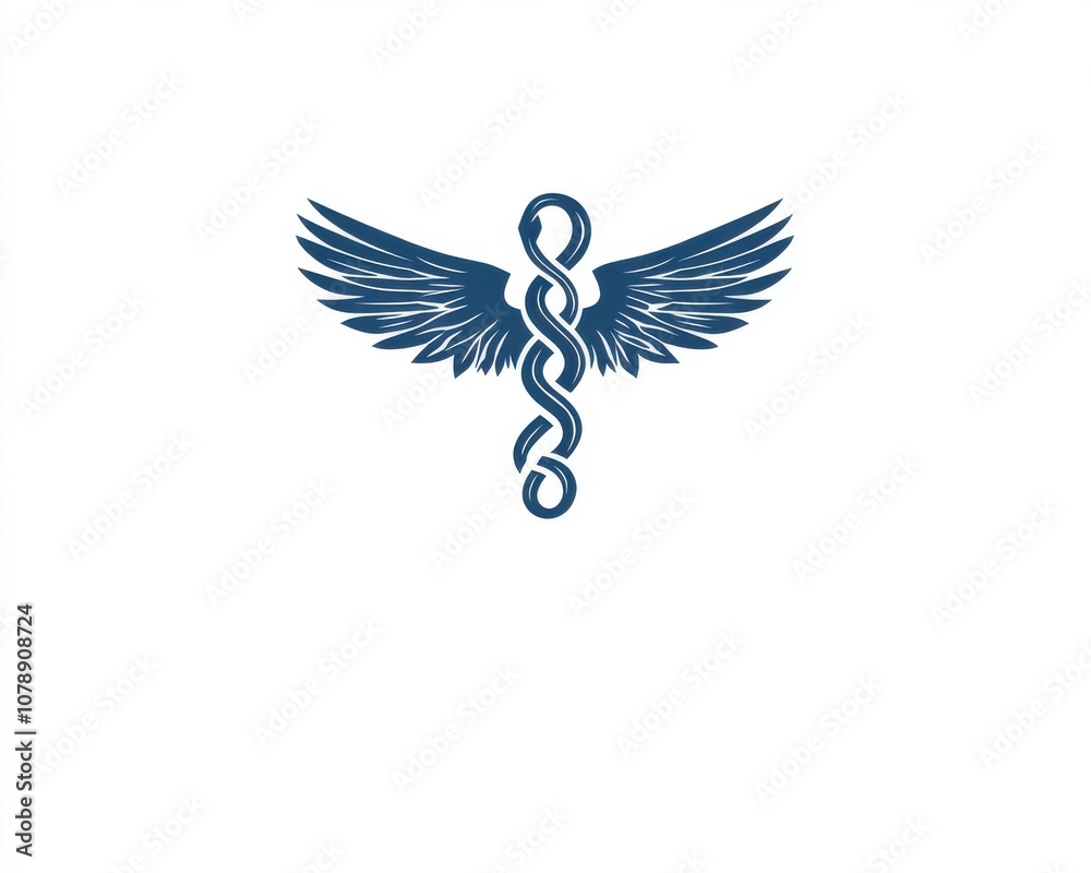 Fototapeta premium A blue and white logo with a winged symbol and a snake wrapped around a staff. The logo is for a medical or health related business