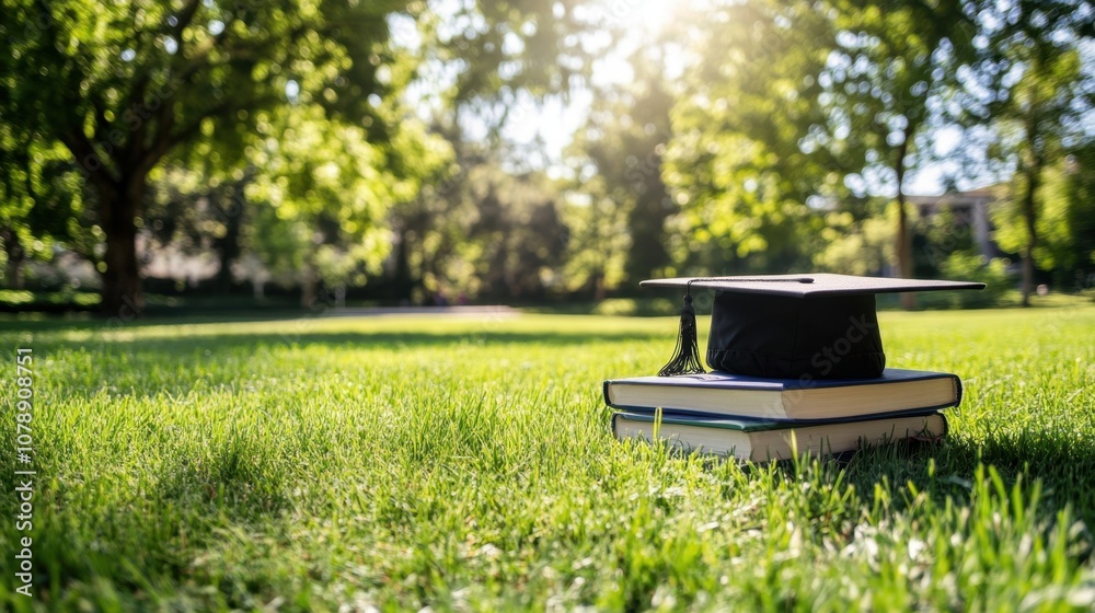 Fototapeta premium Graduation Cap Resting on Stack of Books in a Bright Green Field Under the Sunlight, Symbolizing Education, Achievement, and Academic Success