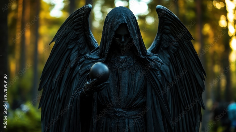 Fototapeta premium A hooded figure with black wings holds a sphere, standing in a serene forest setting illuminated by soft, golden light.