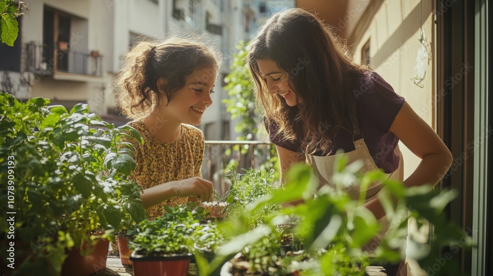 Two Smiling Women Garden Together on Balcony Two Smiling Women Garden Together on Balcony