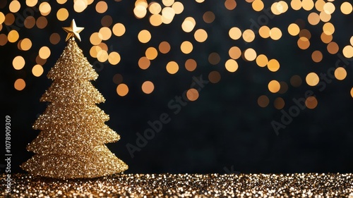 A sparkling golden Christmas tree with bokeh lights glimmers against a dark background, capturing the festive spirit of the holiday season.