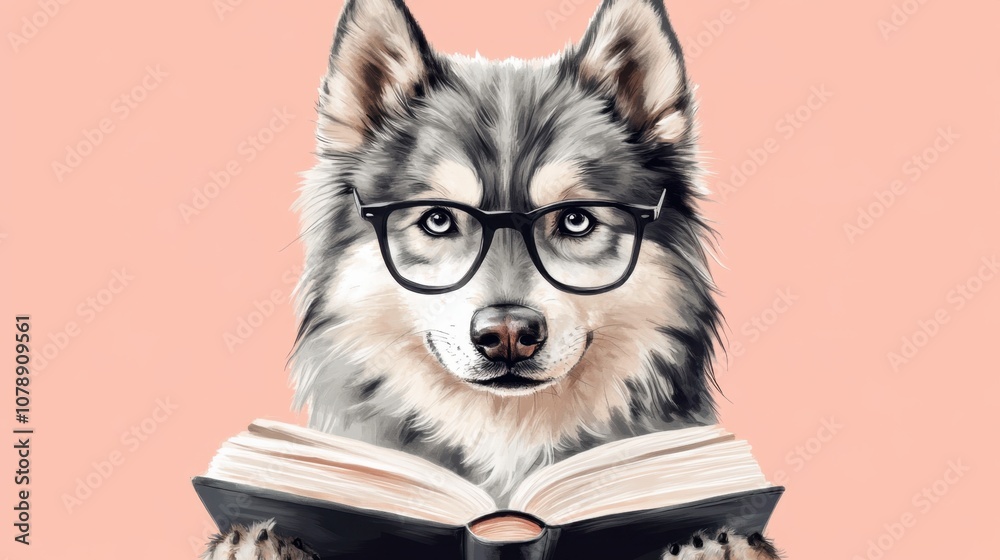 Fototapeta premium A Clever Wolf Wearing Glasses Reading a Book Against a Soft Pink Background, Symbolizing Intelligence, Curiosity, and Love for Knowledge in a Unique Animal Portrait