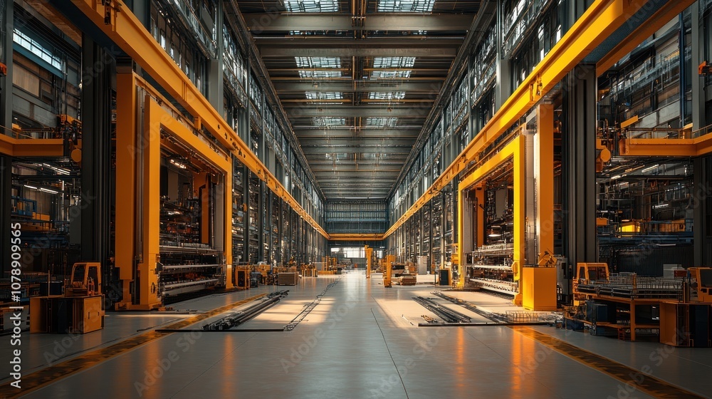 Fototapeta premium Spacious industrial facility with cranes and machinery for operations.