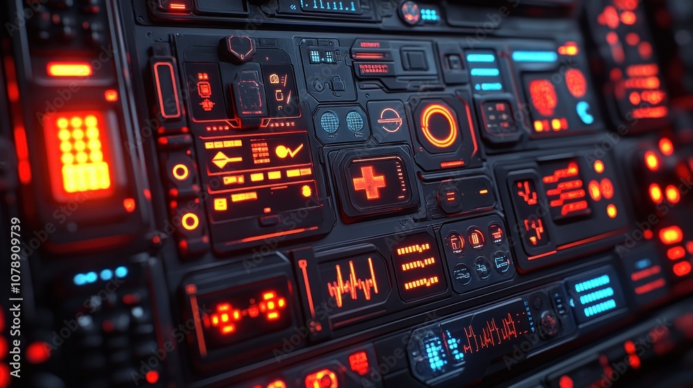 Futuristic interface with glowing buttons and screens. Futuristic interface with glowing buttons and screens.