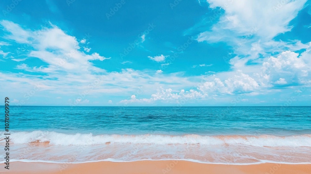 A serene beach scene featuring azure waters, gentle waves, and a bright blue sky dotted with fluffy clouds, creating a peaceful coastal atmosphere. A serene beach scene featuring azure waters, gentle waves, and a bright blue sky dotted with fluffy clouds, creating a peaceful coastal atmosphere.