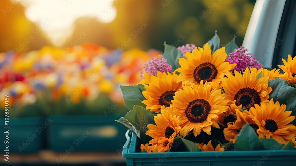 Fototapeta premium A vibrant display of sunflowers and various colorful blooms in baskets, set against a warm, sunlit background, capturing the essence of a flourishing floral market.