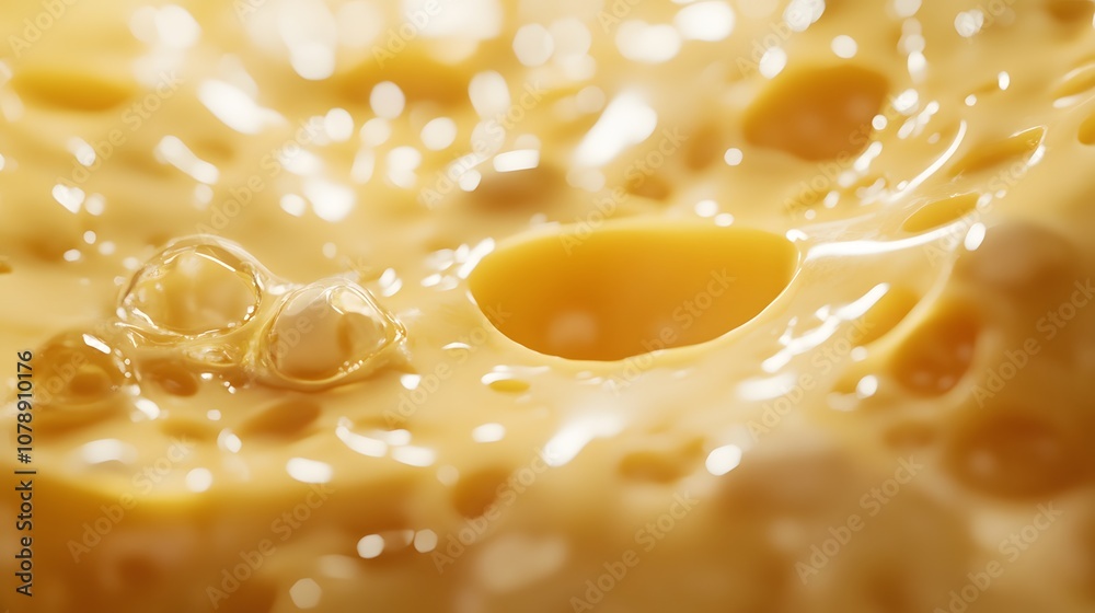 A macro image of a slice of Swiss cheese, with distinctive holes, creamy texture, and slightly glossy surface. Cinematic Scene, 4k resolution, cinematic scene A macro image of a slice of Swiss cheese, with distinctive holes, creamy texture, and slightly glossy surface. Cinematic Scene, 4k resolution, cinematic scene