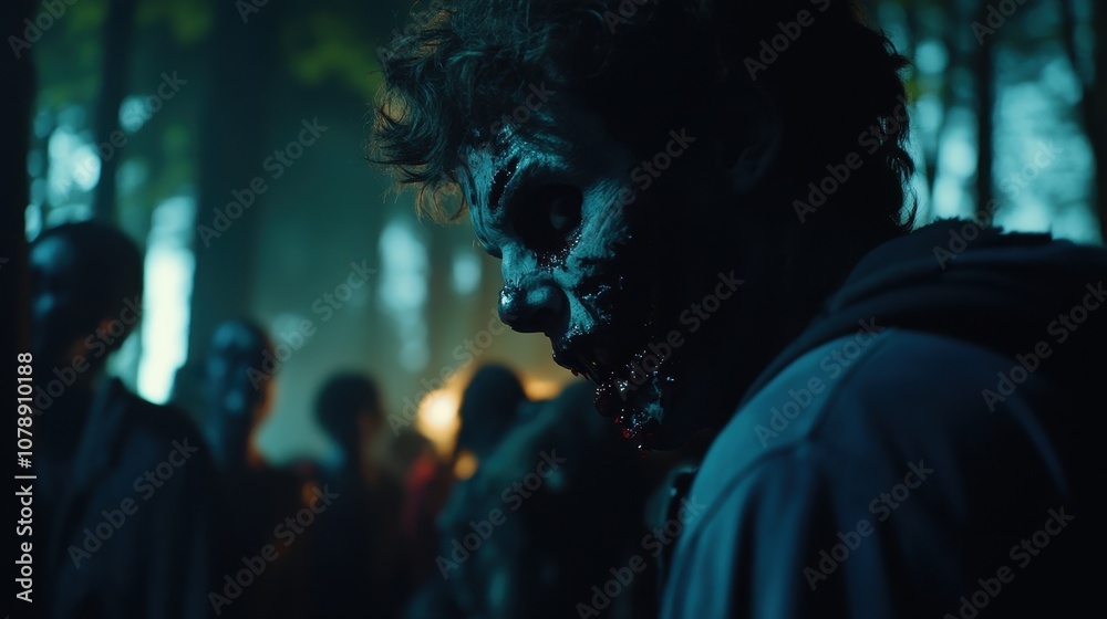 A close-up of a grim, distressed character in a moody, wooded setting, enhanced by shadowy figures and eerie lighting, evokes fear and intrigue for horror-themed content. A close-up of a grim, distressed character in a moody, wooded setting, enhanced by shadowy figures and eerie lighting, evokes fear and intrigue for horror-themed content.