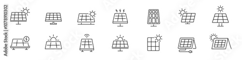 Solar panel icon set. Solar energy, clean energy line icons. Renewable, alternative energy symbol. Vector