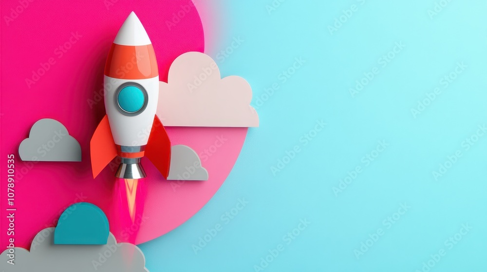 A playful illustration of a retro rocket ship launches against a vibrant pink backdrop, featuring whimsical clouds and fiery exhaust. Ideal for themes of adventure and innovation. A playful illustration of a retro rocket ship launches against a vibrant pink backdrop, featuring whimsical clouds and fiery exhaust. Ideal for themes of adventure and innovation.