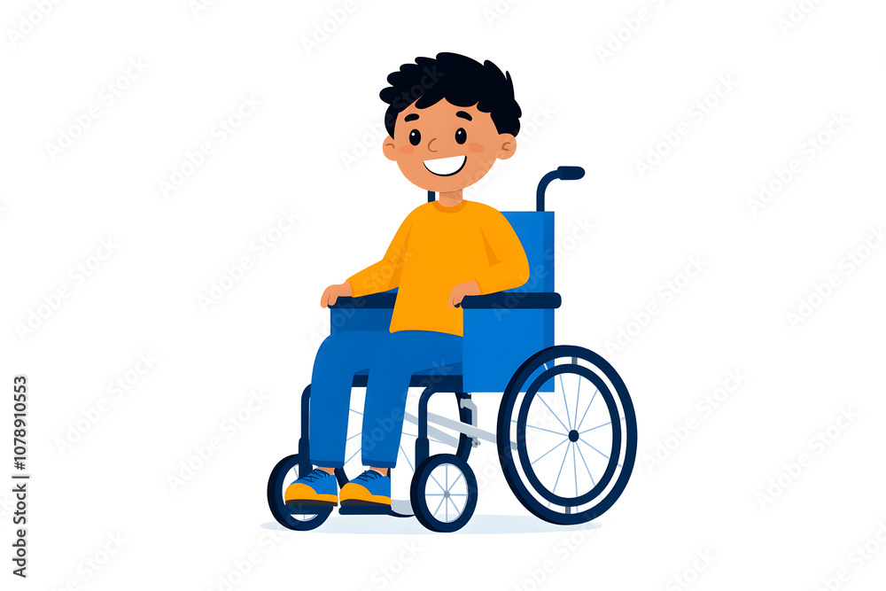 Handicapped kid boy sitting in a wheelchair flat illustration isolated on white Handicapped kid boy sitting in a wheelchair flat illustration isolated on white