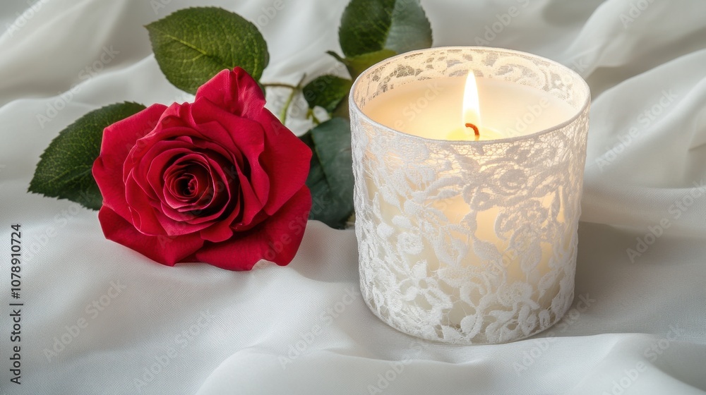 Romantic Arrangement of a Single Red Rose Next to a Lace-Wrapped Candle on Soft White Fabric for Serene and Elegant Decor Romantic Arrangement of a Single Red Rose Next to a Lace-Wrapped Candle on Soft White Fabric for Serene and Elegant Decor