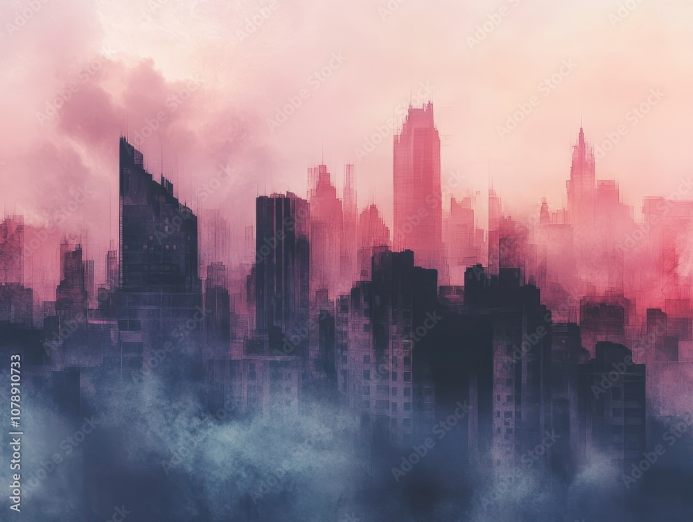 Abstract Watercolor Cityscape with Foggy Sky Abstract Watercolor Cityscape with Foggy Sky