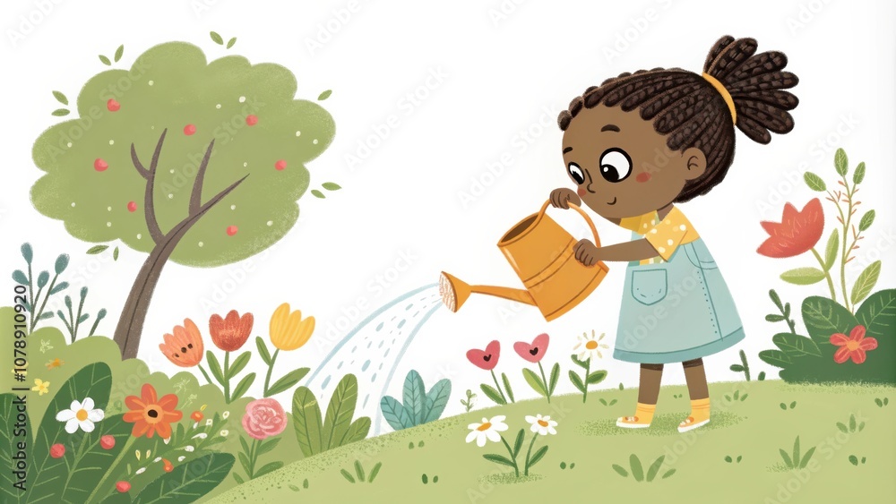 Small African Girl With Braids Joyfully Watering Flowers in a Garden on a Sunny Day. Generative AI Small African Girl With Braids Joyfully Watering Flowers in a Garden on a Sunny Day. Generative AI