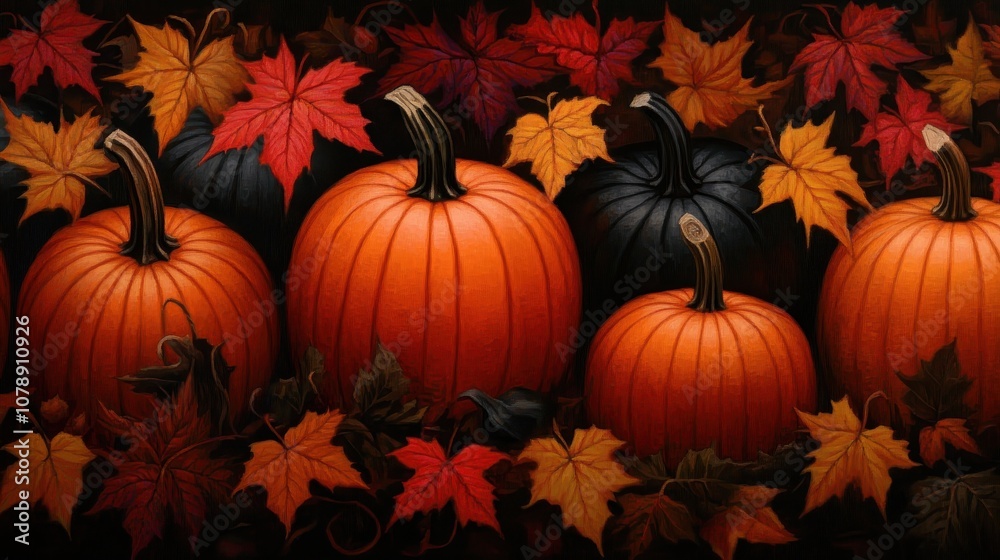 A vibrant autumn a cluster of pumpkins in rich orange and one black pumpkin, surrounded by colorful fall leaves in warm reds, yellows, and browns. Perfect for seasonal projects. A vibrant autumn a cluster of pumpkins in rich orange and one black pumpkin, surrounded by colorful fall leaves in warm reds, yellows, and browns. Perfect for seasonal projects.