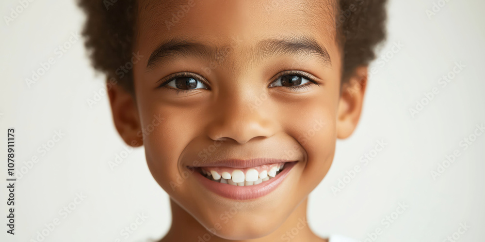 Joyful child smiling with bright eyes and curly hair against soft background, dental clinic concept Joyful child smiling with bright eyes and curly hair against soft background, dental clinic concept