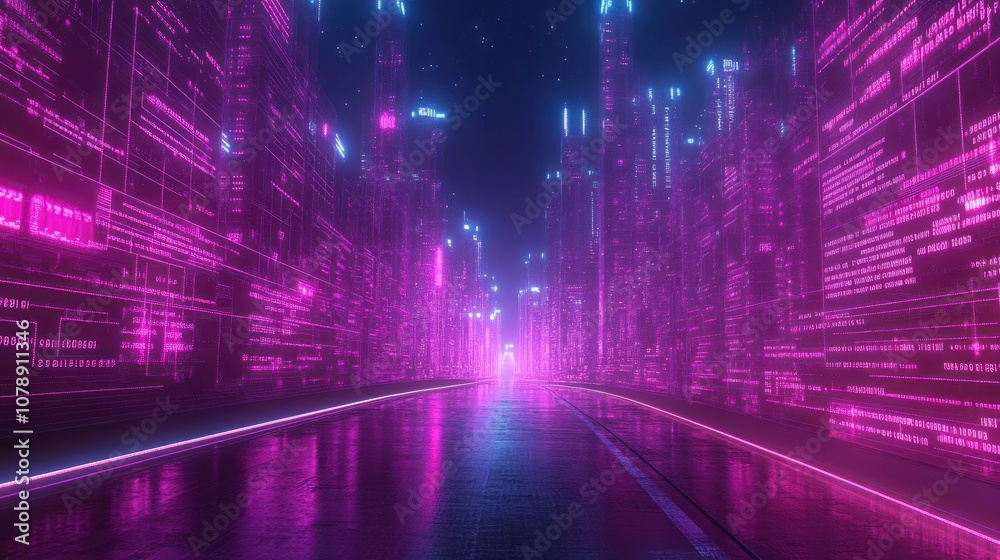 Futuristic neon city street with glowing digital code. Futuristic neon city street with glowing digital code.