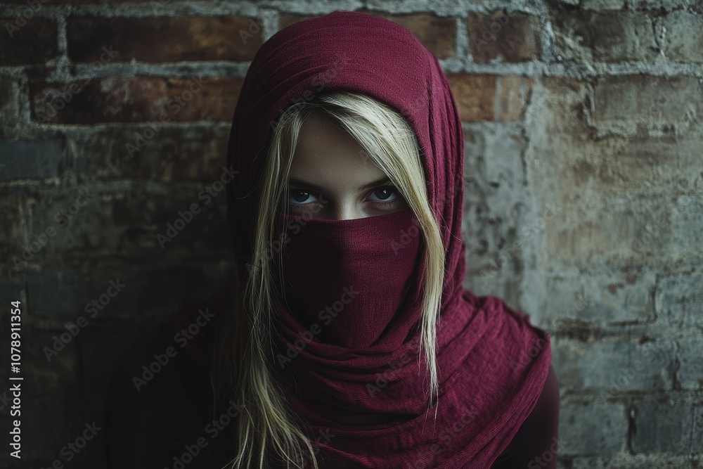 A lightweight shawl wrapped around a model, standing against an old brick wall, soft studio lighting, mockup for design A lightweight shawl wrapped around a model, standing against an old brick wall, soft studio lighting, mockup for design