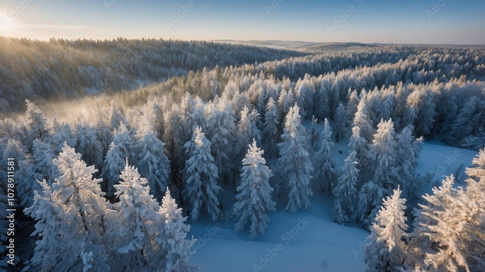 Snow-Covered Forest with Tall Pine Trees and Delicate Frost Snow-Covered Forest with Tall Pine Trees and Delicate Frost