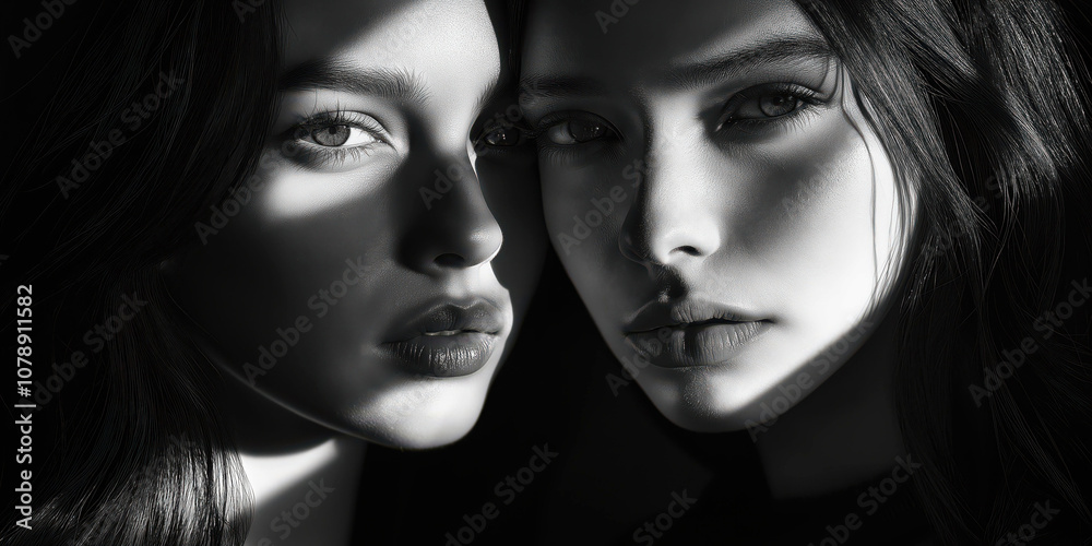 Dramatic black and white portrait of two women in contrasting light and shadow