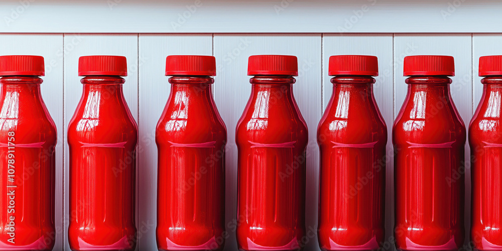 Row of red bottles in minimalist style on a white background for modern design Row of red bottles in minimalist style on a white background for modern design