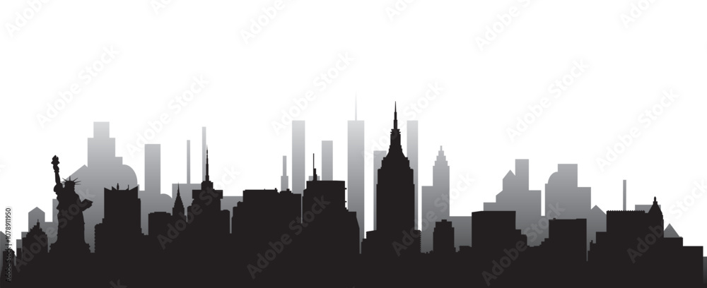 Black colored silhouette city skyline of city of New York City on white background Black colored silhouette city skyline of city of New York City on white background
