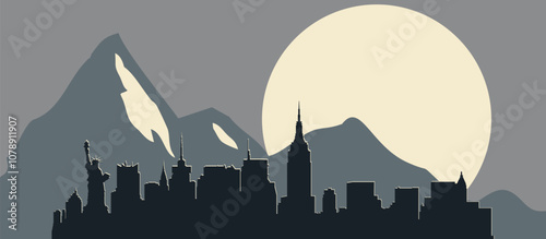 Dark blue colored city skyline of city of New York City with gray background with natural beauties
