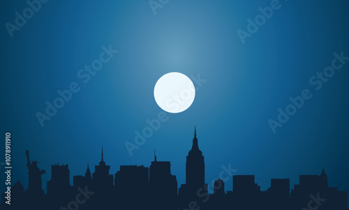 Dark blue colored city skyline of city of New York City on the moonlight 