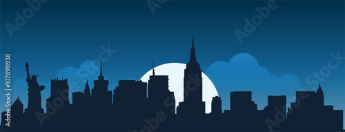 Dark blue city skyline of city of New York City in the moonlight with clouds