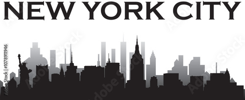Black colored silhouette city skyline of city of New York City on white background with inscription of the name of the city