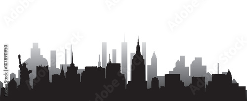 Black colored silhouette city skyline of city of New York City on white background