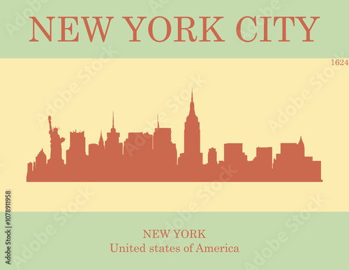 Poster of red colored city skyline of city of New York City with cream and green background with inscription of the name of the city, date of establishment and US state