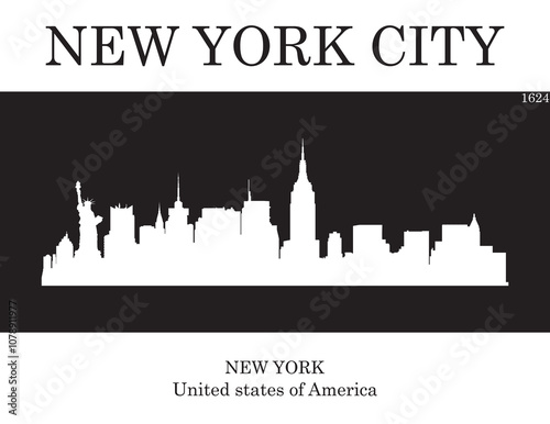 White colored city skyline of city of New York City with black and white background with inscription of the name of the city, date of establishment and US state