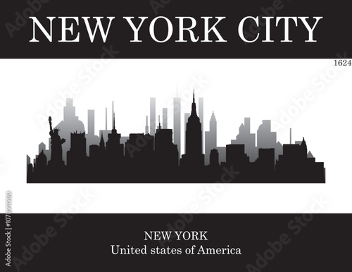 Black silhouette city skyline of city of New York City with black and white background with inscription of the name of the city, date of establishment and US state