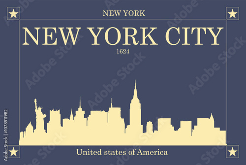 Poster of cream colored city skyline of city of New York City with blue background with inscription of the name of the city, date of establishment and US state