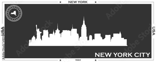 White gaming banner of city skyline of city of New York City with black background with inscription of the name of the city, date of establishment and name and map of US state of New York
