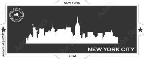White gaming banner of city skyline of city of New York City with black background with inscription of the name of the city, date of establishment and name and map of US state of New York