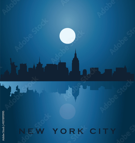 Reflection dark blue colored city skyline of city of New York City on the moonlight with inscription of the name of the city