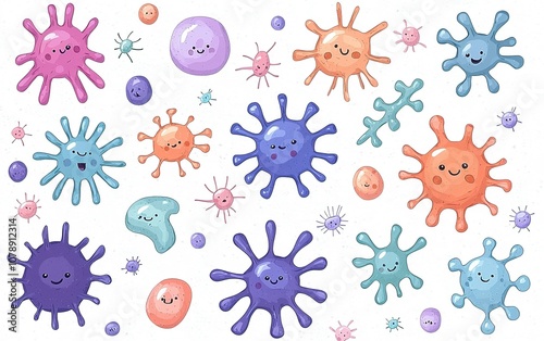 Colorful cartoon germs and bacteria in a playful pattern showcasing various shapes and sizes