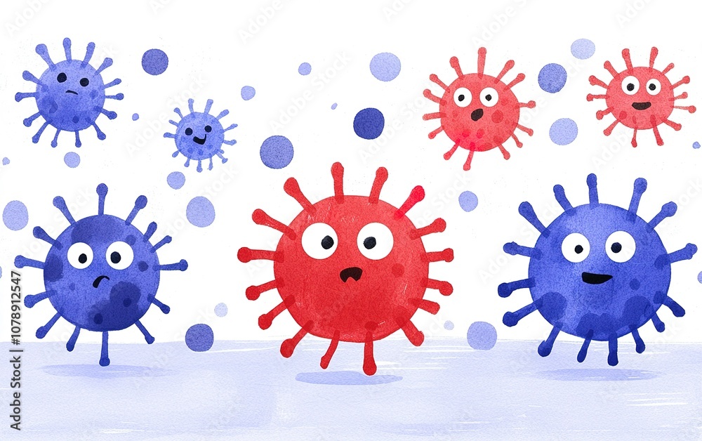 Obraz premium Colorful cartoon viruses with expressive faces spread across a playful background illustrating microbial life