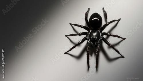 black spider set against a smooth, neutral grey background